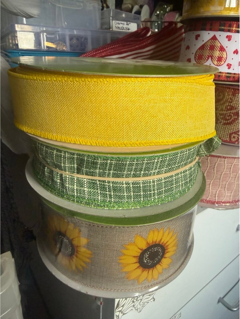 Lot of Wired Ribbon Rolls Sams Club Sunflower Yellow Green Plaid Wreaths